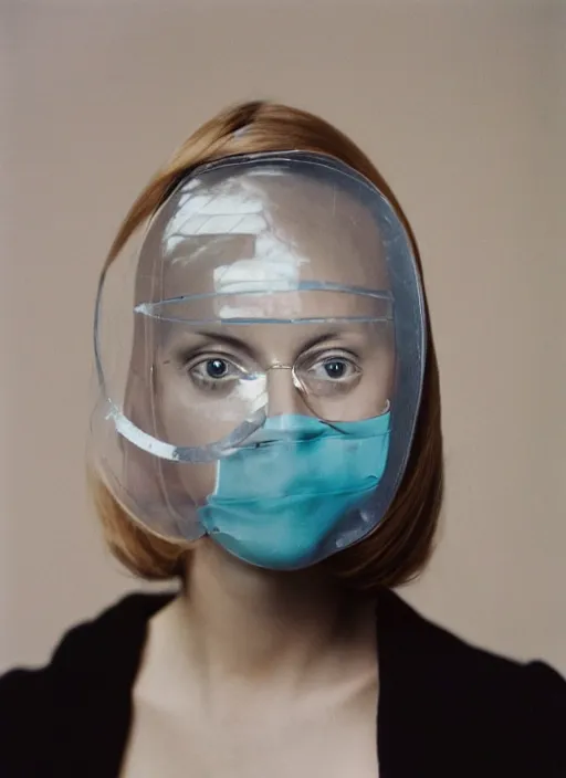 Image similar to a fashion portrait photograph of a woman wearing a transparent plastic mask designed by dieter rams, 3 5 mm, color film camera,