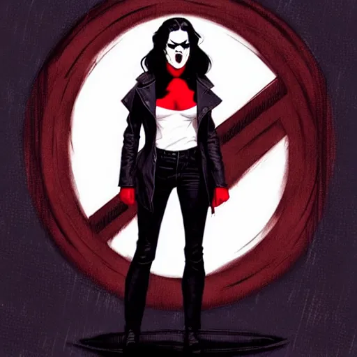 Image similar to rafael albuquerque comic art, peter mohrbacher, phil noto, steve niles, artgerm, pretty willa holland vampire sharp vampire teeth open mouth, symmetrical eyes, black leather jacket, jeans, long black hair