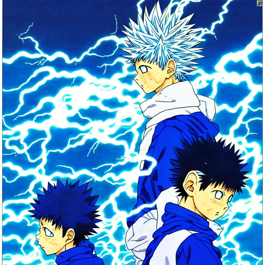 Prompt: killua zoldyck by mœbius, overdetailed art, blue and white colorful, record jacket, thunderstorms,