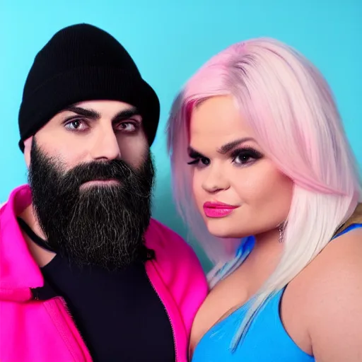 Image similar to a closeup of keemstar and trisha paytas in a podcast show, half blue and half pink background, high quality production