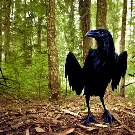 Image similar to standing werecreature consisting of a human and crow, photograph captured in a forest