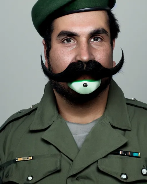 Prompt: a photograph of a man with thick black mustache, green beret, posing for portrait, eye contact