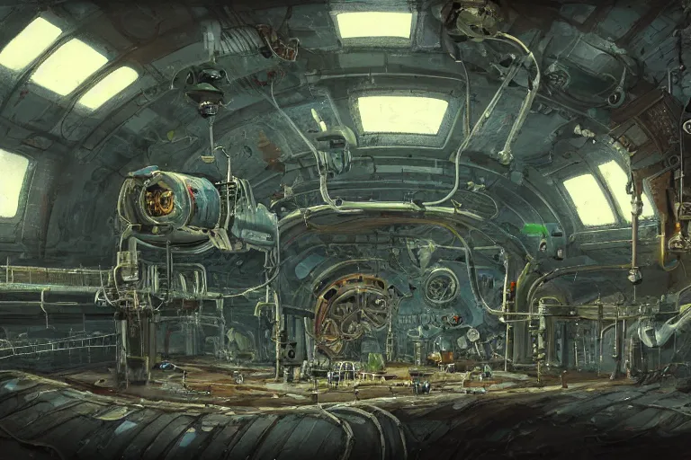 Prompt: A beautiful painting of inside of old abandoned space station with shiny metal pipes in machinarium by yann souetre, Trending on artstation.
