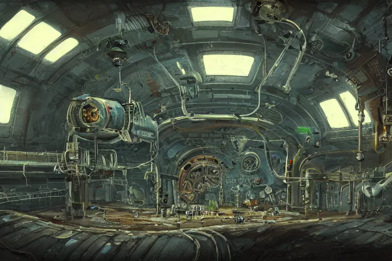 Image similar to A beautiful painting of inside of old abandoned space station with shiny metal pipes in machinarium by yann souetre, Trending on artstation.