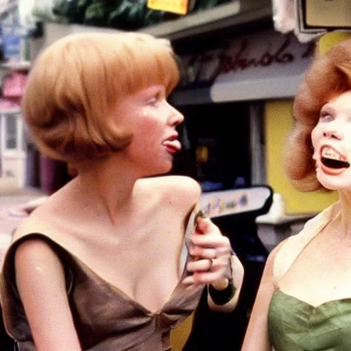 Prompt: 1981 color archival photo of a glamorous woman in a dress, and her friend, who looks like Casper the Friendly Ghost, in a sidewalk cafe, 16mm film soft color, earth tones and soft color 1981, live-action archival footage, in style of doris wishman russ meyer, woman looks like young mia farrow