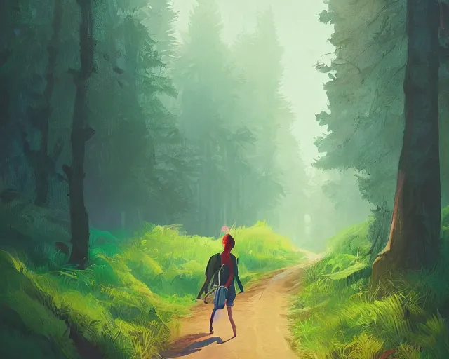 Prompt: a stylized painting of a dreamy explorer wandering down a long winding forest trail, exploring new friendly lands, with soft bushes, trees, and flowing grass on a bright sunny day, by alena aenami and atey ghailan