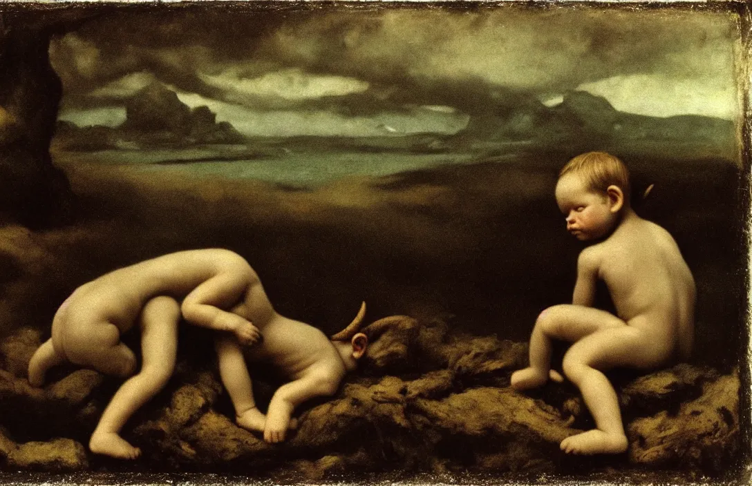 Image similar to implicit link is made between a jocund baby faun first contact sense of humanity detail of a past world intact flawless ambrotype from 4 k criterion collection remastered cinematography gory horror film, ominous lighting, evil theme wow photo realistic postprocessing along the seashore photograph by robert adams gustave courbet and french realism