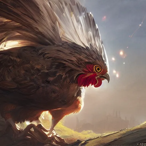 Prompt: chicken/hawk, magic the gathering artwork, D&D, fantasy, cinematic lighting, centered, symmetrical, highly detailed, digital painting, artstation, concept art, smooth, sharp focus, illustration, volumetric lighting, epic Composition, 8k, art by Akihiko Yoshida and Greg Rutkowski and Craig Mullins, oil painting, cgsociety