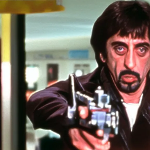 Prompt: Realistic photo of Al Pacino in Scarface, holding a Nerf Gun, standing inside a Chuck E. Cheese