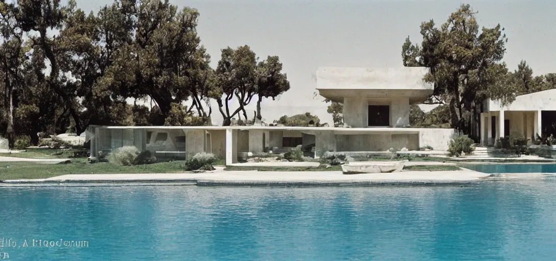 Image similar to greek - inspired marble house designed by ictinus and callicrates in california. photographed in 1 9 7 2. man swimming in pool.