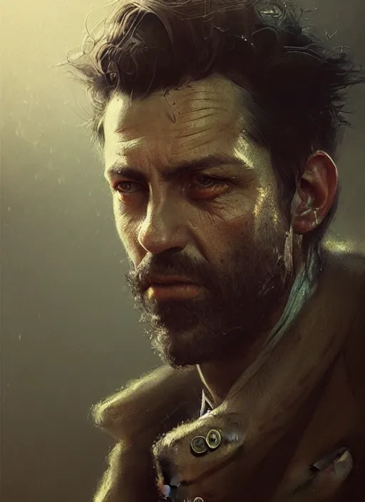 Prompt: portrait of a rugged man in a jacket, victorian, concept art, detailed face, fantasy, close up face, highly detailed, cinematic lighting, digital art painting by greg rutkowski