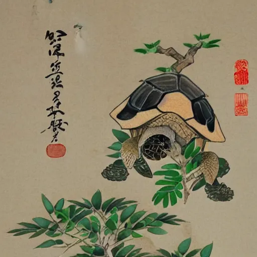 Image similar to a tortoise with a bonsi tree growing on its back, traditional chinese watercolor