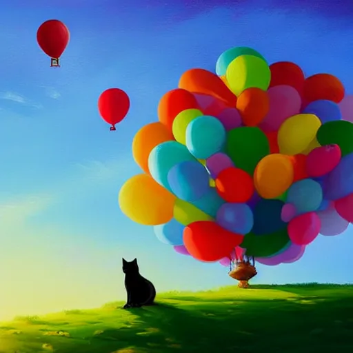 Image similar to a cat on top of a hill under a bunch of balloons, digital art by RHADS, shutterstock contest winner, digital art, behance hd, photoillustration, whimsical