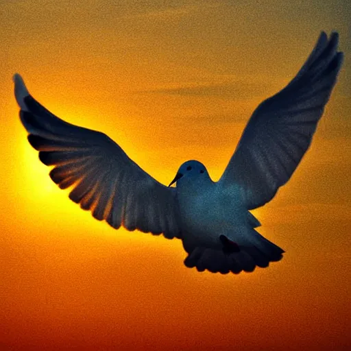 Image similar to close - up realistic shot radiant white dove flying over clouds sunset ethereal vintage photograph film grain surreal awe - inspiring