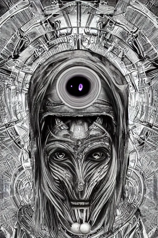 Image similar to the eye of the universe, illuminati as a person in the style of h. r. giger, goddess warrior, visionary art, cinematic lighting, realism, sharp details, cinematic, highly detailed, high quality print, fine art with subtle redshift rendering