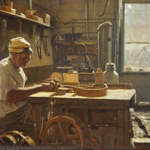 Prompt: old boat builder at work in his shop. late 1 9 th century. oil on canvas.