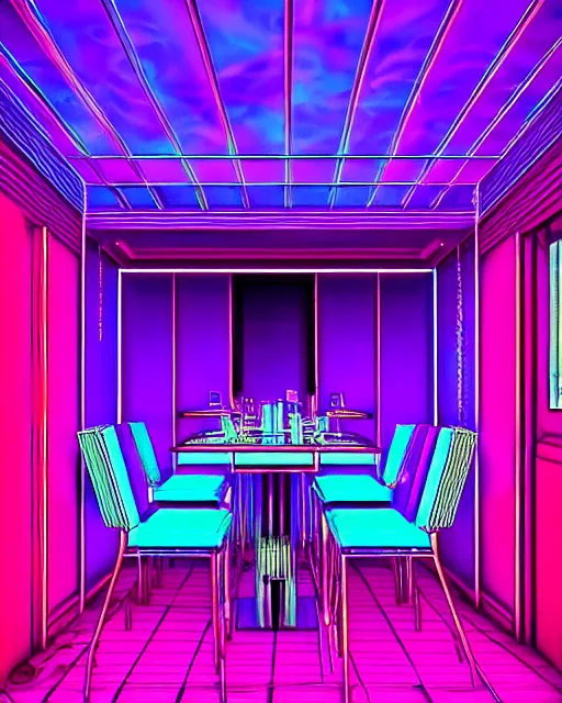 Image similar to synthwave vaporwave maximalist detailed restaurant lofi purple blue retro dreamcore render realistic 3 d by seerlight trending on instagram