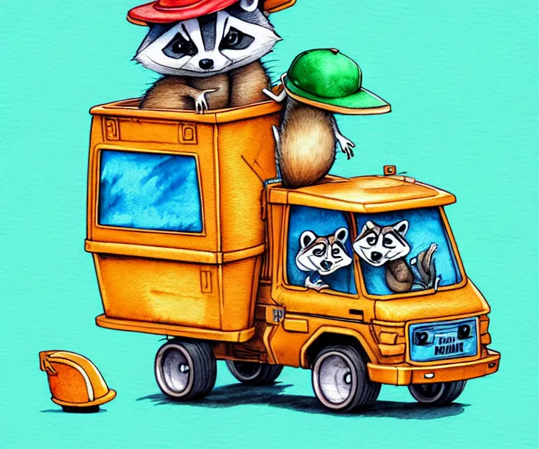 Image similar to cute and funny, racoon wearing a hat riding in a tiny garbage truck, ratfink style by ed roth, centered award winning watercolor pen illustration, isometric illustration by chihiro iwasaki, edited by range murata, tiny details by artgerm and watercolor girl, symmetrically isometrically centered, sharply focused