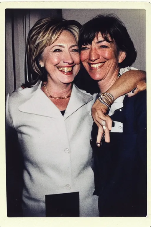 Prompt: a polaroid of Hillary clinton and ghislaine maxwell hugging and smiling