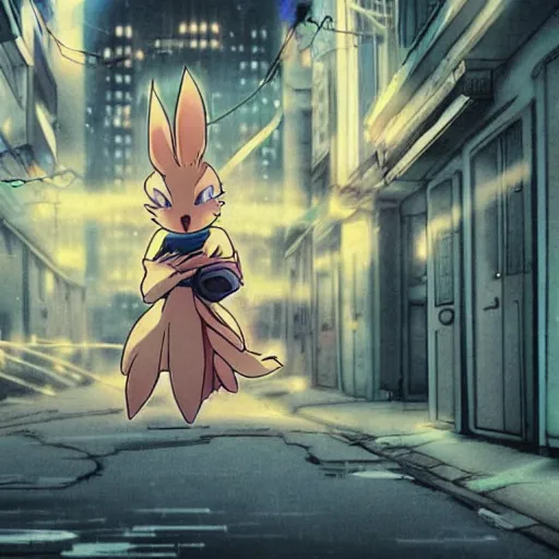 Image similar to screenshot from an anime about eevee wearing wizard robes and wandering an empty street alone, anime, 8 0 s, vhs, vhs effects, art by yuji ikehata