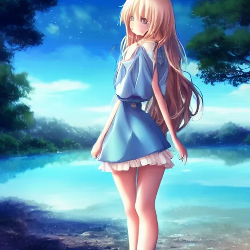 Prompt: a very beautiful anime cute girl, full body, long wavy blond hair, sky blue eyes, full round face, short smile, fancy top, miniskirt, front view, summer lake setting, strong wind, cinematic lightning, medium shot, mid-shot, highly detailed, cinematic wallpaper by Stanley Artgerm Lau