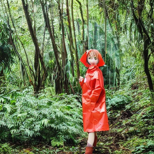 Prompt: anime girl wearing a rain coat in a jungle