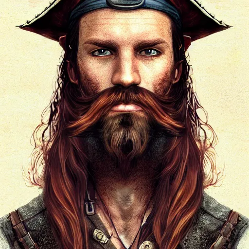 Prompt: portrait of a rugged steampunk pirate, 3 0 years old, male, handsome, masculine, red hair, long hair, long beard, soft hair, fantasy, intricate, elegant, highly detailed, steampunk, airship, digital painting, artstation, concept art, character art, smooth, sharp focus, illustration, art by artgerm and greg rutkowski and alphonse mucha