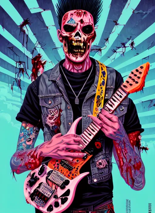 Prompt: a zombie punk rocker with a mohawk holding an electric guitar, tristan eaton, victo ngai, artgerm, rhads, ross draws