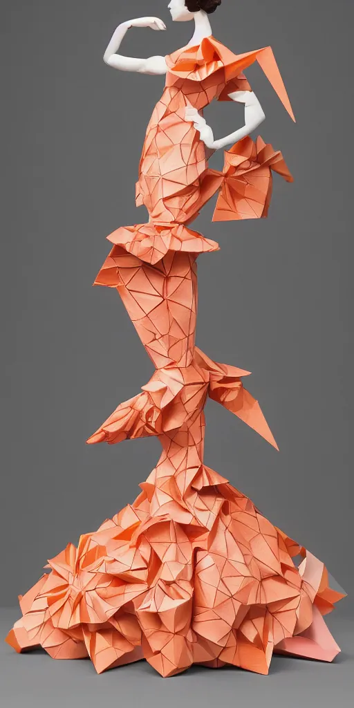 Image similar to portrait of a beautiful ceramic female tiger model wearing sakura and peach ( ( origami themed paper flower ) ) and metallic molded shaped gown, haute couture by issey miyake
