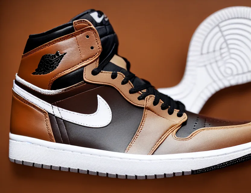 Image similar to a press photograph of nike jordan 1 mocha, size 1 0, white background