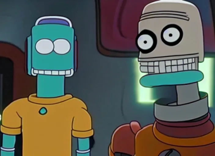 Prompt: film still of bender in the futurama live action movie, 4 k