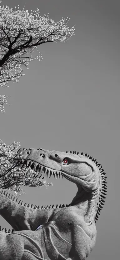 Image similar to “ a portrait photo of tyrannosaurus as little kid at a sakura tree, side shot, by shunji dodo, 8 k resolution, black and white photo, high quality ”