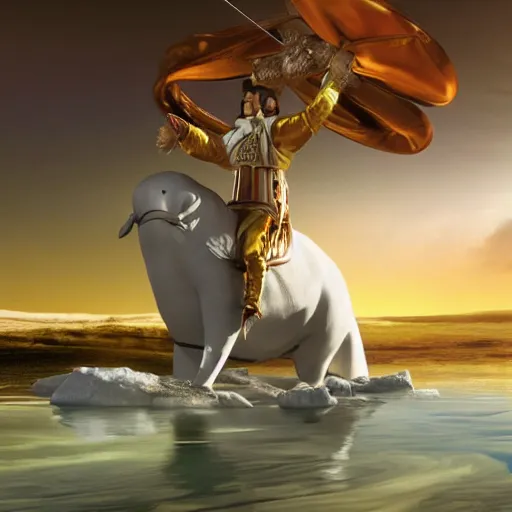 Image similar to Conquistador on Saturn riding a beluga whale, hyper-realistic, cinematic, 4k, render