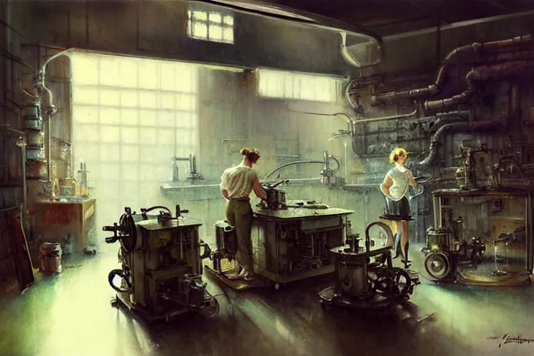 Image similar to ( ( ( ( ( 1 9 5 0 s retro science fiction mechanics shop interior scene. muted colors. ) ) ) ) ) by jean - baptiste monge!!!!!!!!!!!!!!!!!!!!!!!!!!!!!!