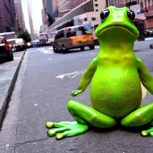 Image similar to giant frog standing over new york city