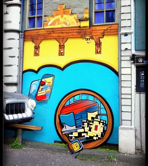 Image similar to bavarian street art looking like retro videogames