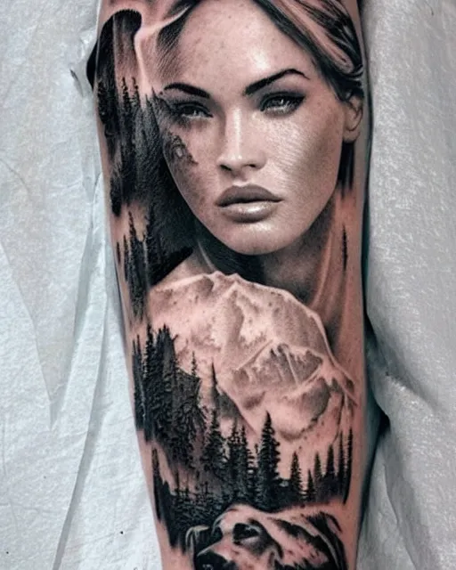 Image similar to creative double exposure effect tattoo design sketch of megan fox faded with beautiful mountain scenery, realism tattoo, in the style of matteo pasqualin, amazing detail, sharp