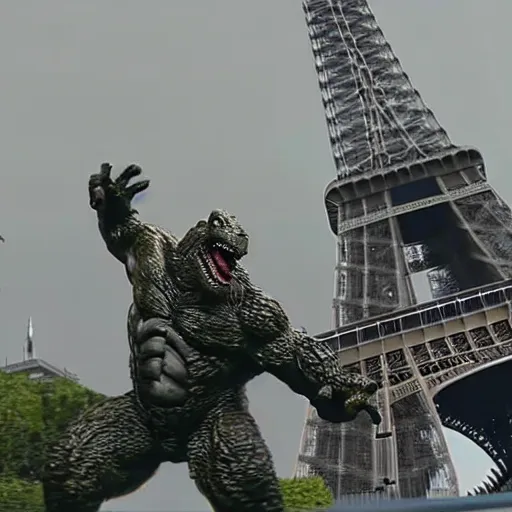 Image similar to predator vs godzilla in front of Eiffel tower, highly detailed, hyoer realistic 4k