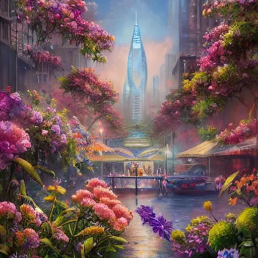Prompt: a painting of an art - deco cityscape surrounded by flowers, a watercolor and matte painting by mark keathley and mandy jurgens and charlie bowater, cgsociety, artdeco, utopia art, bold colors, sci - fi, artstation hq