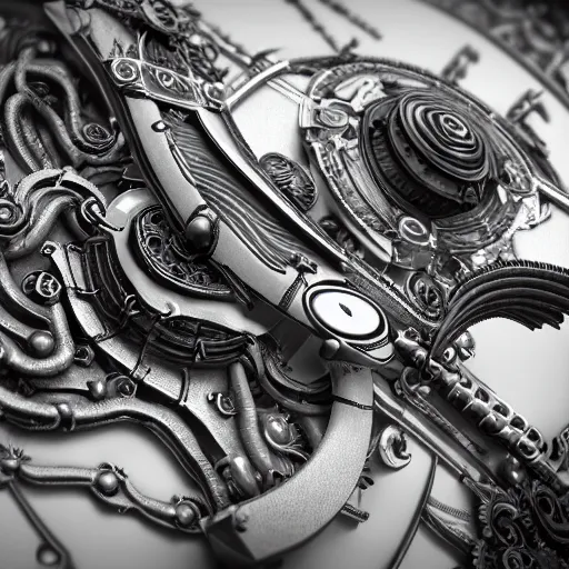 Image similar to mythical black and white organic bio - mechanical rendering of an axe and a computer. highly detailed, intricate steampunk ornate, poetic, 3 d render, digital art, octane render, 8 k artistic photography, photo - realistic