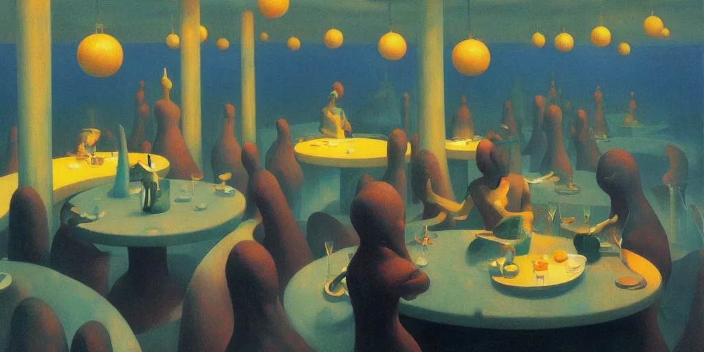 Image similar to spherical lava people at underwater restaurant Edward Hopper and James Gilleard, Zdzislaw Beksinski highly detailed