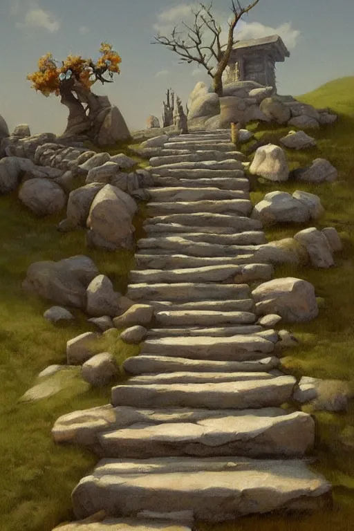 Prompt: stone steps fantasy landscape artstation by emilia dziubak, will terry, greg olsen, chris mars, ann long, and mark brooks, edward hopper dramatic, fairytale, art nouveau, victorian, gothic,