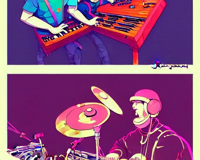 Prompt: a study of cell shaded cartoon of a two man band playing a synthesizer and drums, loud colors, post grunge, concept art by josan gonzales and wlop, by james jean, Victo ngai, David Rubín, Mike Mignola, Laurie Greasley, highly detailed, sharp focus, Trending on Artstation, HQ, deviantart, art by artgem