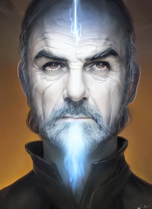 Image similar to Portrait of Sean Connery, white glowing eyes, black hair, cloak, ethereal wings, male, fantasy, extremely detailed, digital painting, artstation, concept art, smooth, sharp focus, illustration, stunning lighting, art by artgerm and greg rutkowski and alphonse mucha and simon stalenhag, realistic character concept, high fantasy, light atmosphere, golden ratio, cinematic lighting, hyperdetailed, high resolution, insanely detailed and intricate, artstation, Marc Simonetti, Greg Rutkowski, 8k