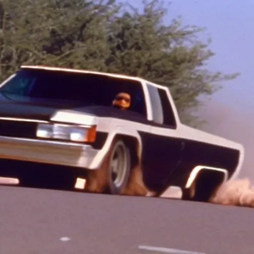Prompt: movie still of the knight rider jumping over a truck