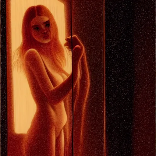 Image similar to silhouette of a Elle Fanning gazing in a mirror, pitch black room, extremely detailed realist masterpiece, oil on canvas, low-key neon lighting, artstation, Blade Runner 2049, Roger Deakin’s cinematography, by J. C. Leyendecker and Adam Miller,