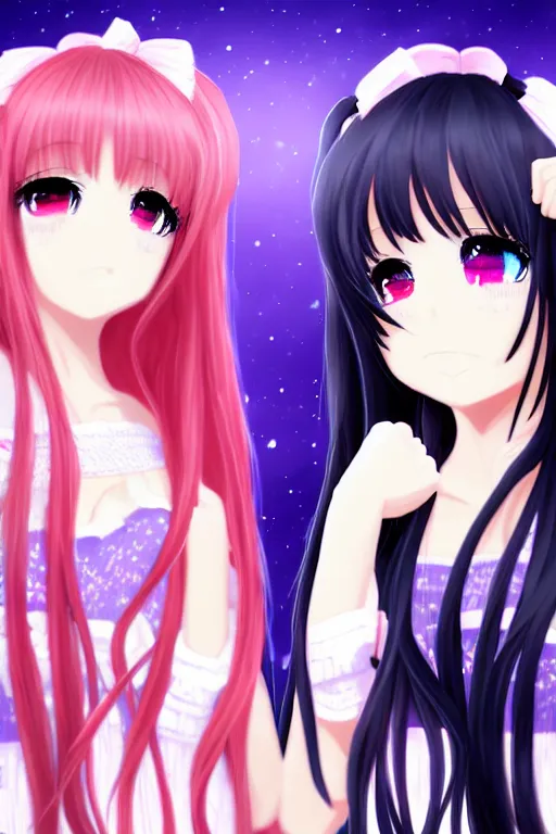 Image similar to two beautiful female idols with twintails facing each other, dark background, detailed anime art