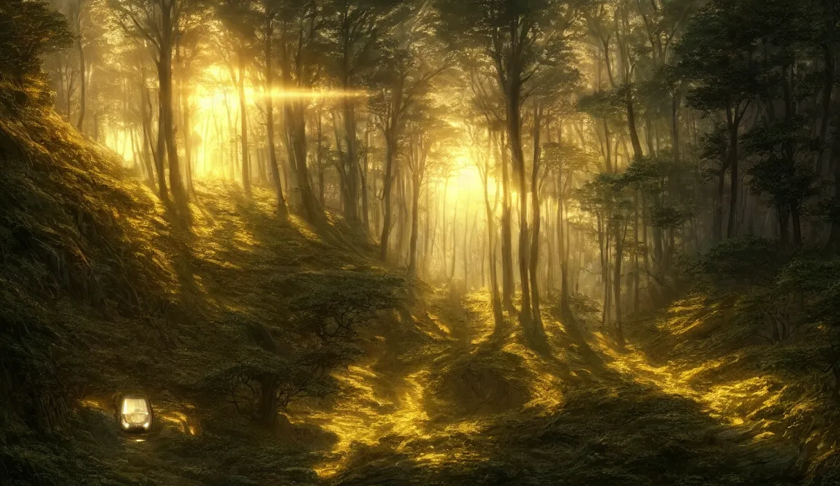 Prompt: detailed intricate digital landscape illustration by greg rutkowski and artgerm and wlop and sanford robinson gifford ; 1 9 8 8 vehicle, glowing headlights, yggdrasil forest thick trees ; 1 3 mm film still, wide angle arri alfa anamorphic lens, motion blur ; sharp focus, soft evening lighting with gleaming sun rays ; trending on artstation 4 k