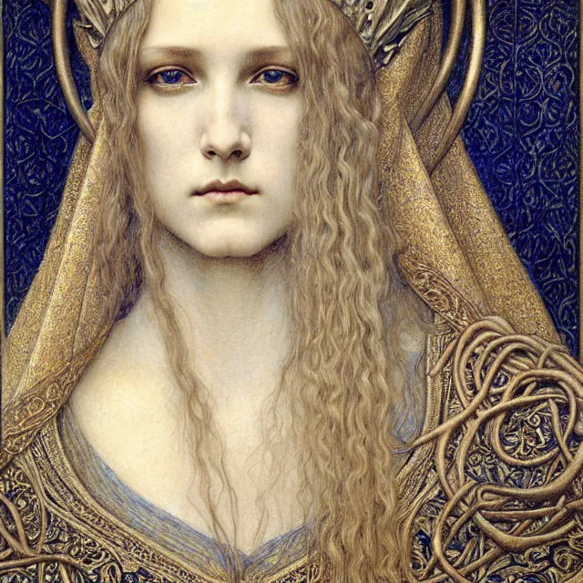 Image similar to detailed realistic beautiful young medieval queen face portrait by jean delville, gustave dore and marco mazzoni, art nouveau, symbolist, visionary, gothic, pre - raphaelite. horizontal symmetry