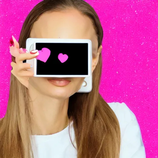 Prompt: a highly detailed college girl that looks like Natalie Portman taking a picture of herself trying to be an influencer with cute pink hearts in the air